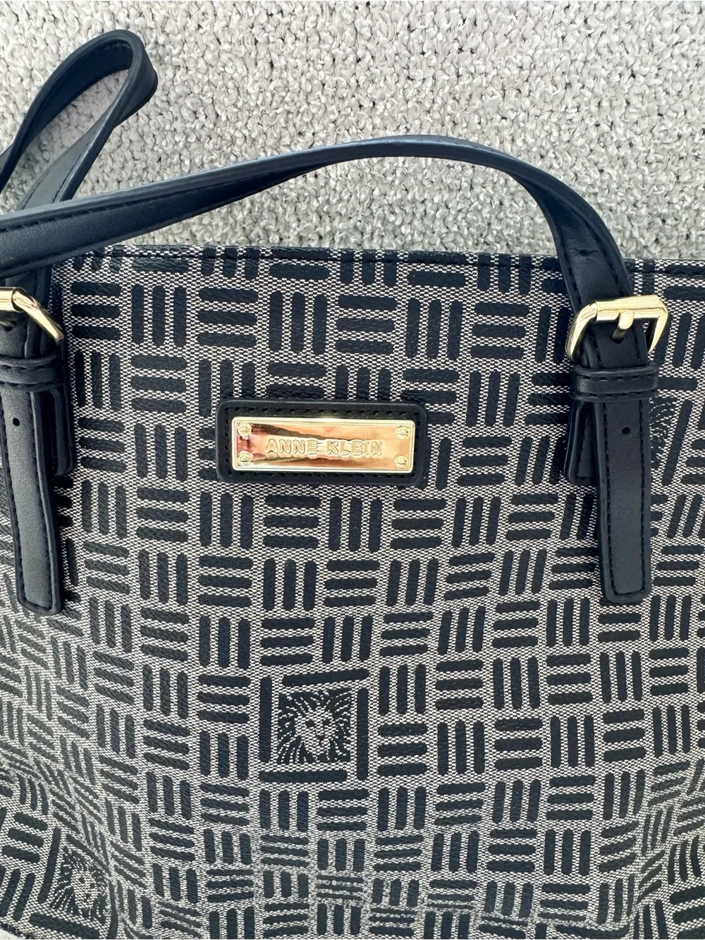 Anne Klein Navy Blue Patterned Shoulder Bag with Gold Accent